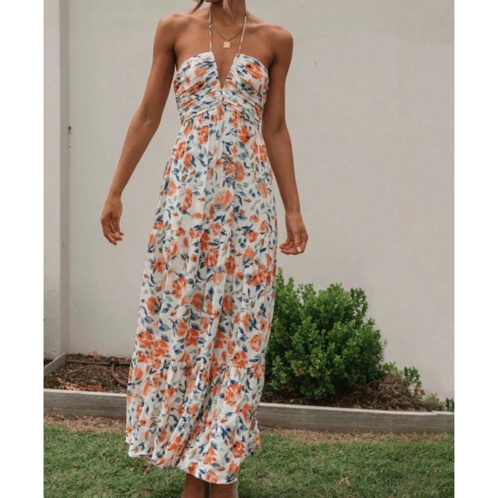 Sunfere Floral Corset Maxi Dress Womens White Orange Cottagecore Garden Party